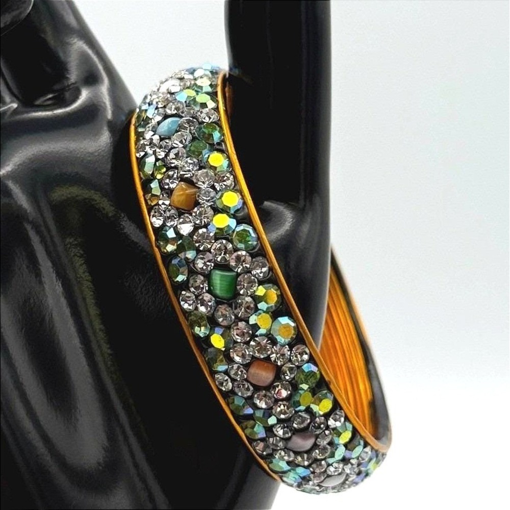 Vintage Multi-Color Rhinestone Crystal Bangle Bracelet Gold Tone Costume Y2K 90s
